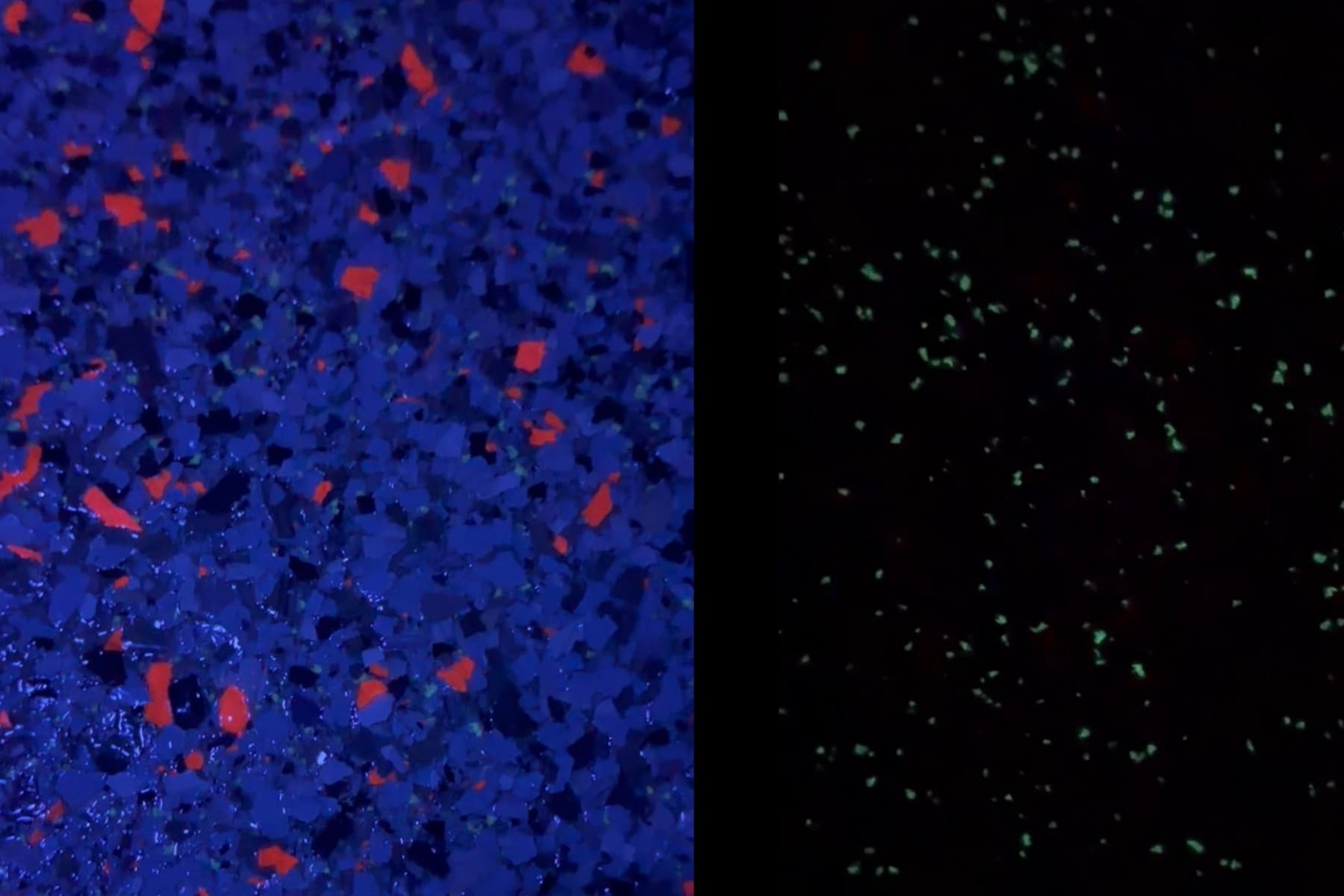 Specialty accent flake floor shown under UV light with glow-in-the-dark particles